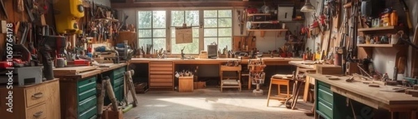 Obraz Well-equipped woodworking workshop with tools, workbench, and natural light.