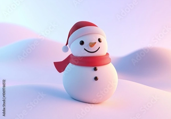 Obraz Cartoon Style Snowman with Red Hat and Scarf on Pastel Blue Sky, Christmas Theme
