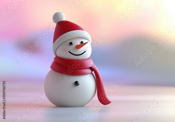 Obraz Cartoon Style Snowman with Red Hat and Scarf on Pastel Blue Sky, Christmas Theme