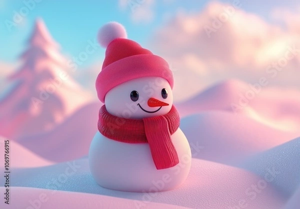 Obraz Cartoon Style Snowman with Red Hat and Scarf on Pastel Blue Sky, Christmas Theme
