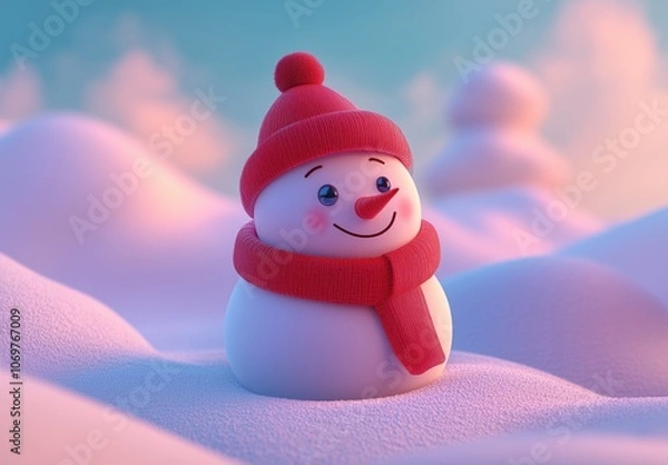 Obraz Cartoon Style Snowman with Red Hat and Scarf on Pastel Blue Sky, Christmas Theme