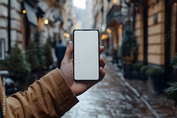 Fototapeta A mockup of a smart Phone, with a man's hands holding a phone in the street on christmas time