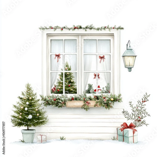 Fototapeta cozy Christmas scene with decorated tree visible through window, adorned with festive garlands and gifts outside, evokes warmth and holiday cheer