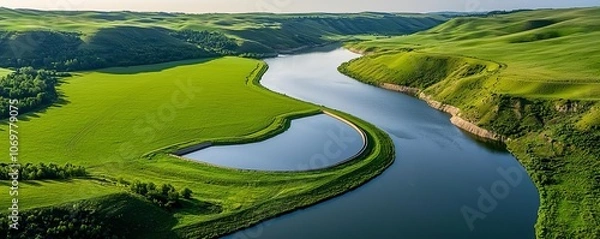 Obraz River levee system stretching along a valley