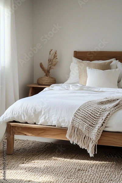 Fototapeta A wooden bed frame with white linen bedding and a woven throw blanket at the foot