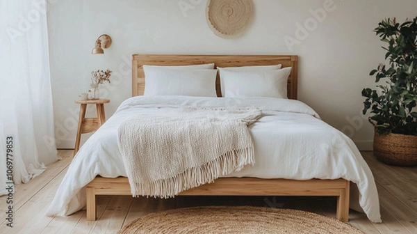 Fototapeta A wooden bed frame with white linen bedding and a woven throw blanket at the foot