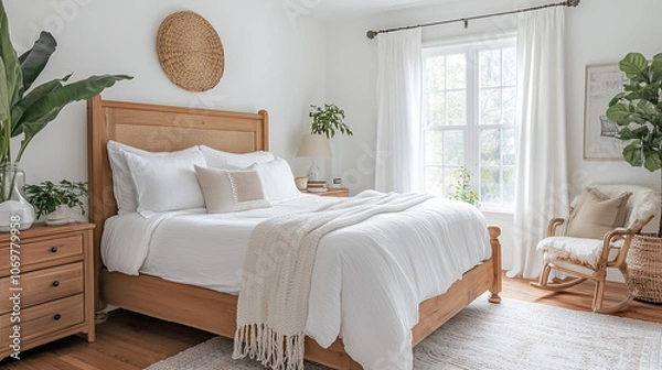 Fototapeta A low wooden bed frame with white linen bedding and a woven throw blanket at the foot