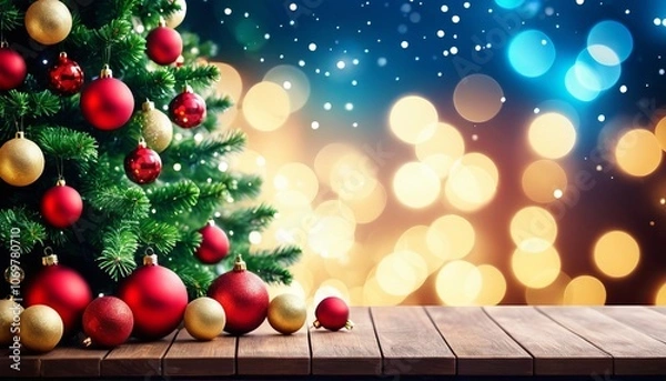 Fototapeta Festive christmas tree with colorful ornaments and glowing bokeh lights