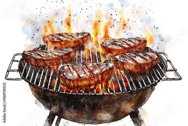 Fototapeta Watercolor illustration of steaks grilling on a barbecue grill.