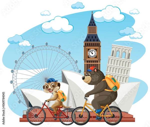Fototapeta Animals Biking Around World Landmarks