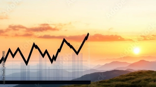 Obraz A rising graph against a beautiful sunset, symbolizing growth and success in business with mountains in the background.