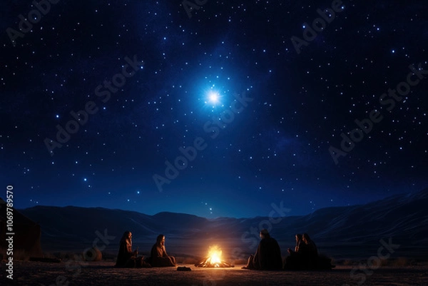 Obraz Nomadic Tribe Campfire Scene with Storyteller Sharing Folklore Under the Stars, Surrounded by Listeners in a Desert