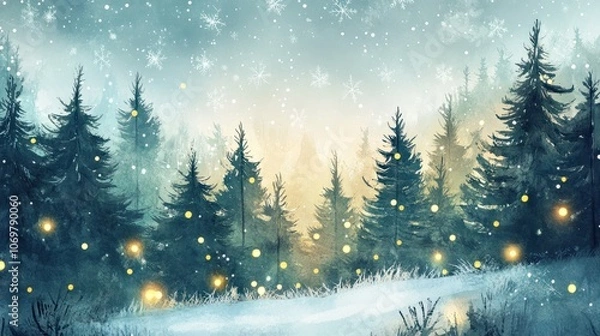 Obraz Magical forest with christmas trees and glowing lights christmas card style watercolor abstract artistic winter wonderland nature green woodland holiday background backdrop wallpaper with copy space.