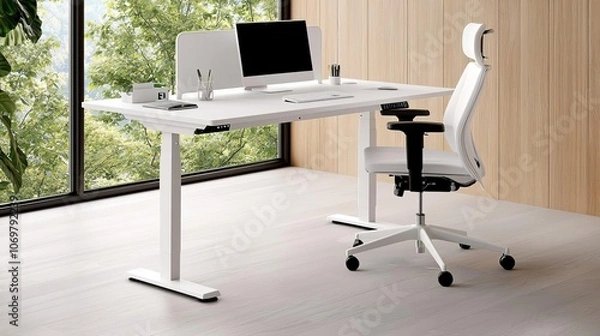 Fototapeta Ergonomic standing desk with organized workspace, healthy home office, adjustable chair, large window with greenery view, bright and professional setting, natural tones
