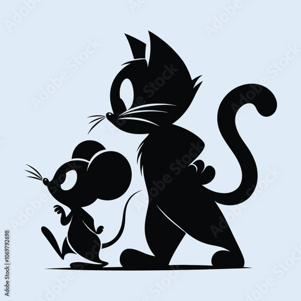 Fototapeta Vector of cat on a white background, Animal. Pet. Easy editable layered illustration. symbol. logo. icon. Mammals Silhouette of cat catching a mouse. The shadows are separate objects.
