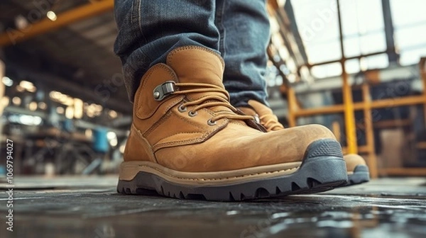 Fototapeta Enhanced safety shoes are showcased in the image, highlighting their superior construction and stylish design made from tough materials for optimal performance in industrial settings.