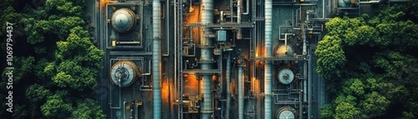 Fototapeta Aerial View of Industrial Complex Surrounded by Lush Greenery and Illuminated by Warm Lights at Dusk