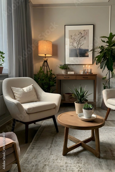 Fototapeta A cozy therapy room with soft lighting, comfortable chairs, a small table with a notebook, some plants, and a calm ambiance, conveying a safe space for psychological support and therapy
