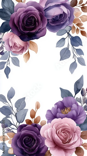 Obraz Symmetrical watercolor floral border frame, centered arrangement of violet roses and lilac peonies, eucalyptus foliage accents, transparent background, refined and balanced