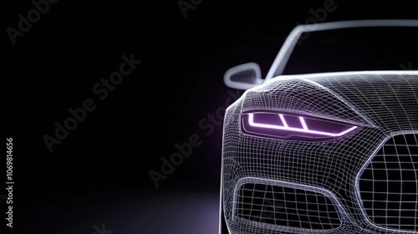 Fototapeta Futuristic Wireframe Car Design with Neon Highlights and Dark Background