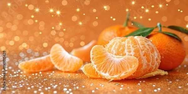 Fototapeta Tangerine segments and whole fruit with a bokeh background of glittering stars and light reflections.
