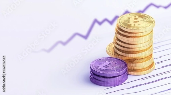 Fototapeta Stacked Cryptocurrency Coins with Rising Graph Background in Finance Concept