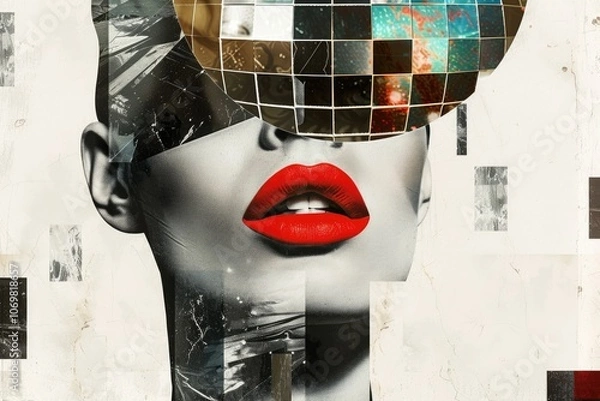 Fototapeta Abstract collage. Concept Disco girl with a head of disco ball and red lips