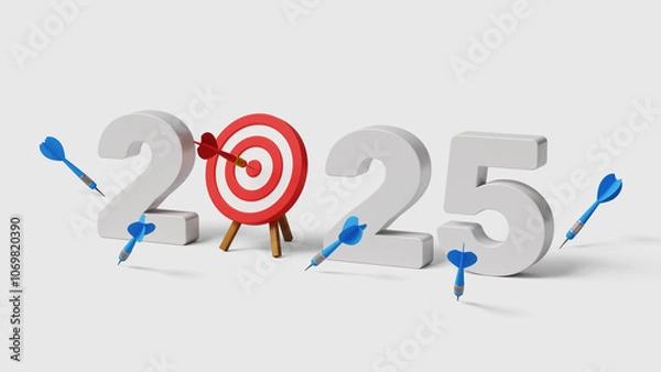 Fototapeta 2025 target, success plan and goals. New year resolution, never give up, try try again. Success after many failures. 2025 with archery target one hitting and many missed arrows. 3d illustration