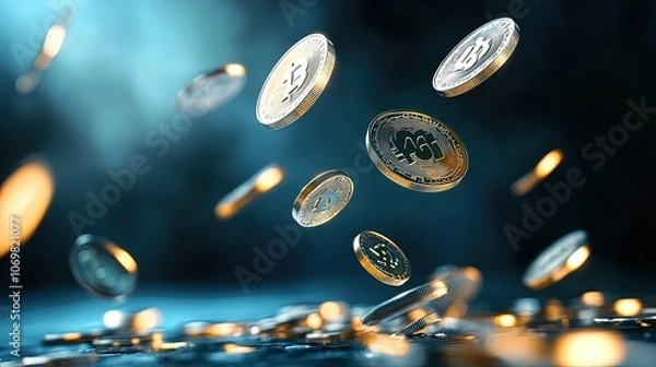 Fototapeta A Stunning Array of Falling Cryptocurrency Coins in Digital Space