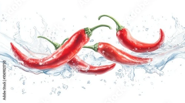 Obraz Red Hot Chili Peppers Splash: A vibrant burst of red chili peppers, suspended in a captivating water splash, evokes a tantalizing blend of heat, freshness, and vibrant energy.  