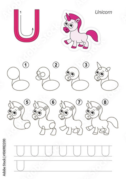 Fototapeta Drawing tutorial. Game for letter U