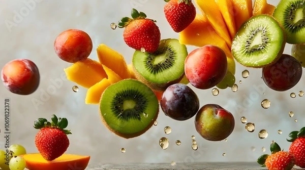 Obraz Luscious bounty of nature s vibrant and bountiful cascade of succulent colorful fruits including mangoes kiwis strawberries and plums artfully arranged in a dynamic