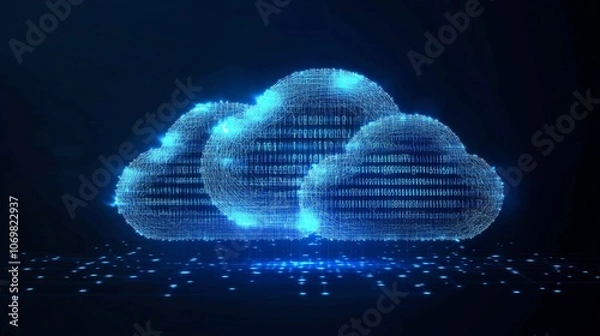 Obraz Digital Cloud Computing Technology Concept with Binary Code, Low Poly Wireframe, and Glowing Particles on a Dark Blue Background.