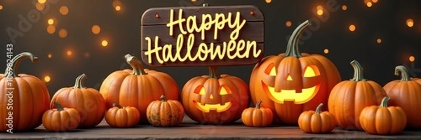 Fototapeta Celebrate Halloween with a vibrant display of carved pumpkins and festive lighting, perfect for party invitations, decorations, or seasonal marketing.