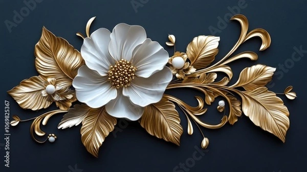 Fototapeta Refined Gold and White Embossed Floral Design on Matte Black Background – Elegant and Luxurious Flower and Leaf Motif, Ideal for Invitations, High-End Event Design