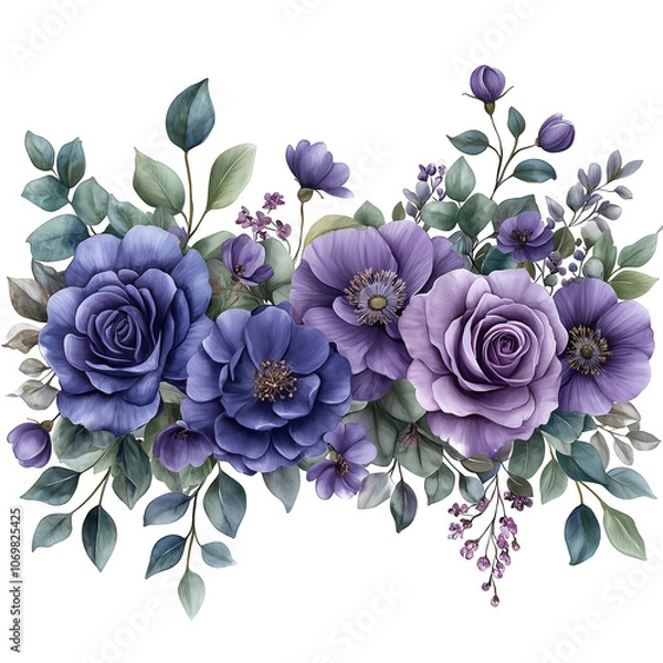 Obraz Watercolor floral border - frame. Violet flowers and eucalyptus greenery illustration isolated on transparent background. Purple roses, lilac peony for wedding stationary