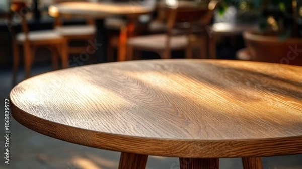 Obraz Empty round wooden table in a blurred coffee shop background