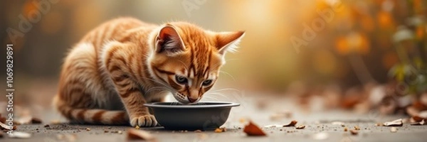 Fototapeta A cute orange kitten enjoying its meal outdoors, surrounded by autumn leaves, showcasing the warmth and joy of pet companionship.