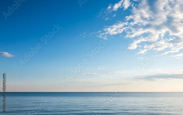 Fototapeta Wide view of calm ocean water under a clear blue sky during the early morning hours