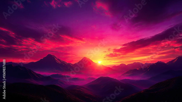 Fototapeta Breathtaking sunset over mountains with vibrant colors and dramatic cloud patterns.