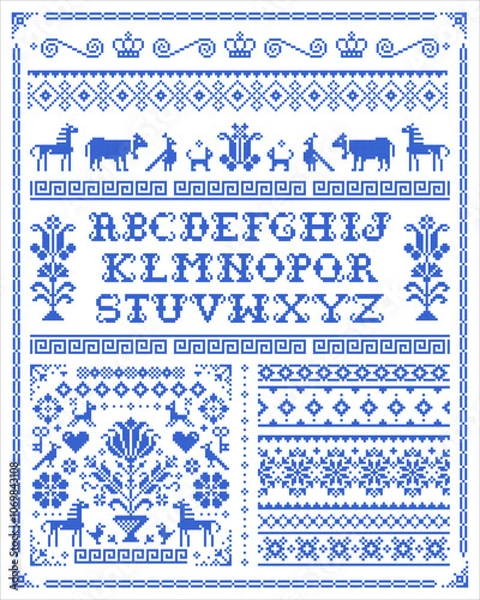 Obraz Retro ross stitch vector seamless patterns collection with alphabet, flowers and animals - pixelated ornament inspired by German and Austrian folk art. Non AI generated
