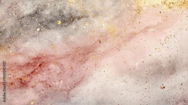 Fototapeta Dusty blush pink watercolor effect with golden dots; elegant, abstract background with marble texture and fine, sparkling details
