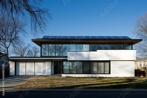 Fototapeta Modern House with Solar Panels and Large Windows