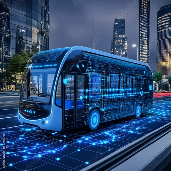 Fototapeta An autonomous city bus on top of a blue digital network wireframe 