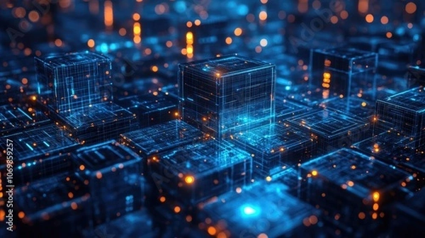 Obraz 3D Digital Cityscape with Connected Glowing Blue Blocks – Representation of Data Networks, Smart Infrastructure, and Technological Systems for AI, Blockchain, and Digital Transformation Visuals
