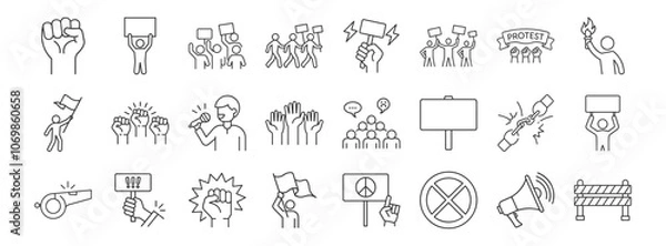 Obraz Protest, activism line icon set. Vector pictograms of raised fists, placard, march, demonstration, civil rights, freedom of speech thin linear illustration.