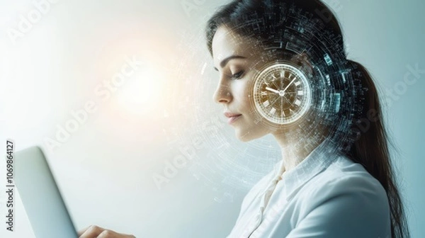 Obraz Businesswoman intensely focused on her laptop with a double exposure of a clock, symbolizing efficient time management