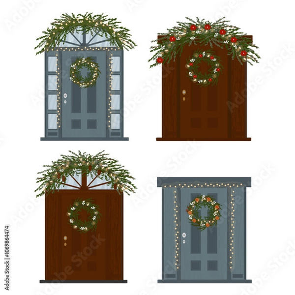 Obraz Set of entrance doors decorated for Christmas. Template for city street design on white background. Garlands, wreaths and branches. Christmas mistletoe and poinsettia. Cartoon vector style