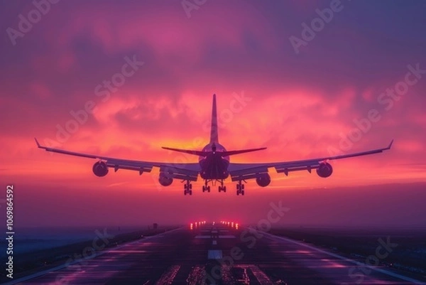 Fototapeta Silhouetted airplane on a runway with purple and pink clouds in the background. AI generative. .