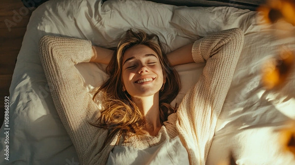 Fototapeta ベッドでリラックスする笑顔の女性